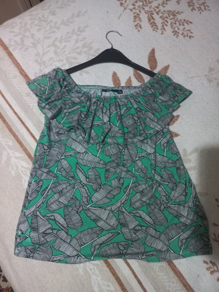 Yeşil Gri Fırfırlı Straplez Mini Bluz - Görsel 3