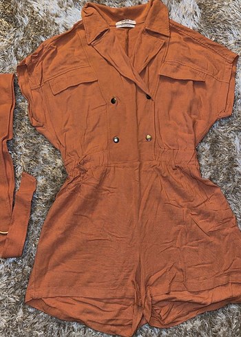 Kahverengi Kemerli Kısa Kadın Tulum - Görsel 3