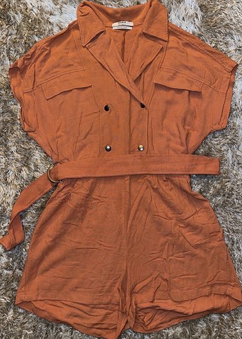 Kahverengi Kemerli Kısa Kadın Tulum - Görsel 2