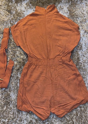 Kahverengi Kemerli Kısa Kadın Tulum - Görsel 4