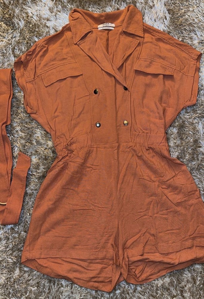 Kahverengi Kemerli Kısa Kadın Tulum - Görsel 3