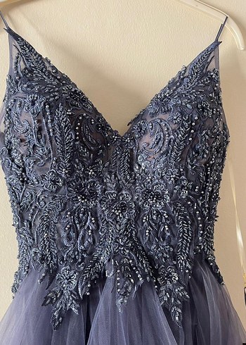 Uzun Askılı Mor Dantelli Fırfırlı Abiye Elbise - Görsel 6