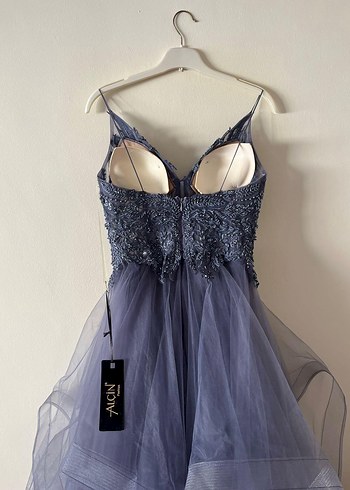 Uzun Askılı Mor Dantelli Fırfırlı Abiye Elbise - Görsel 2