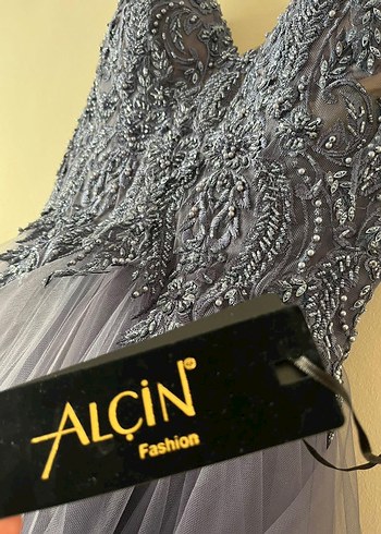 Uzun Askılı Mor Dantelli Fırfırlı Abiye Elbise - Görsel 5