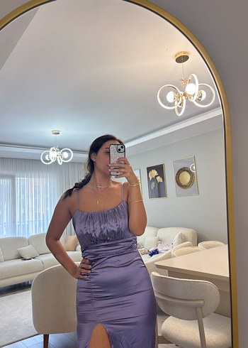 m Beden Parlak Mor Drapeli Midi Abiye Elbise