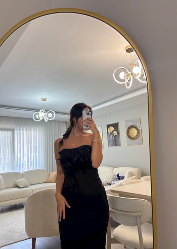 Abiye Siyah Transparan İp Askılı Straplez Abiye Elbise
