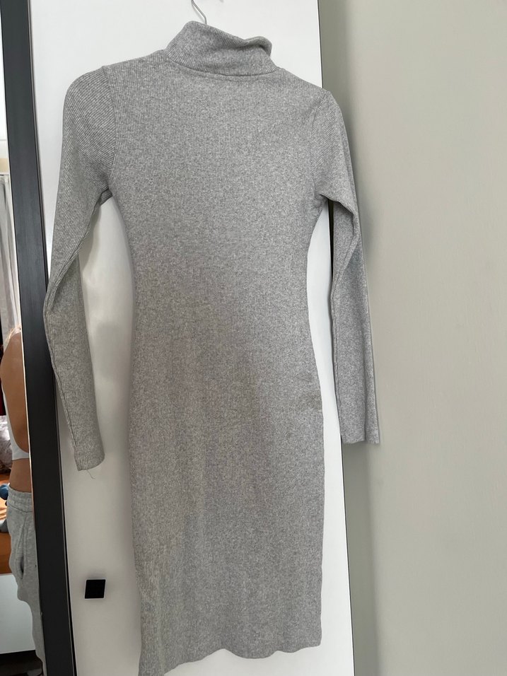 Gri Uzun Kollu Fermuarlı Midi Elbise - Görsel 2