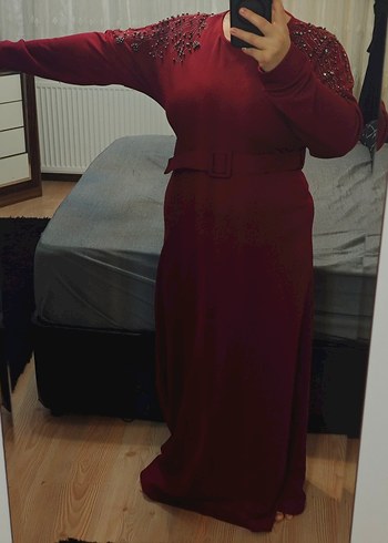 Bordo Midi Kadın Elbise, Kemerli, Uzun Kollu - Görsel 7