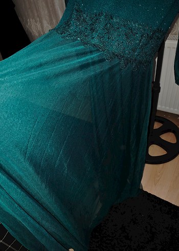 Turkuaz V Yaka Uzun Kollu Vintage Elbise - Görsel 5