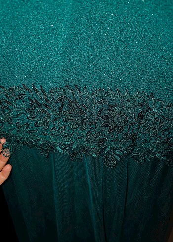 Turkuaz V Yaka Uzun Kollu Vintage Elbise - Görsel 2