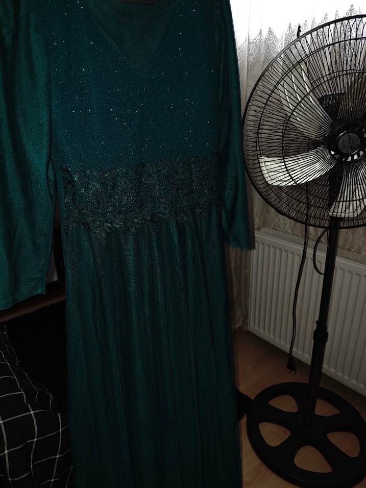 Turkuaz V Yaka Uzun Kollu Vintage Elbise - Görsel 4