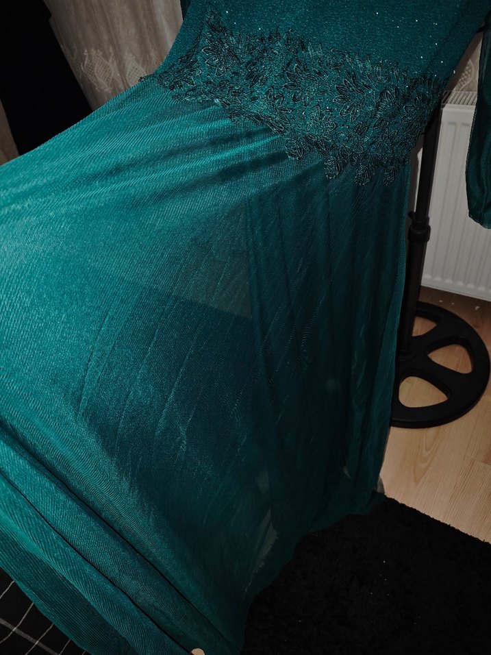 Turkuaz V Yaka Uzun Kollu Vintage Elbise - Görsel 5