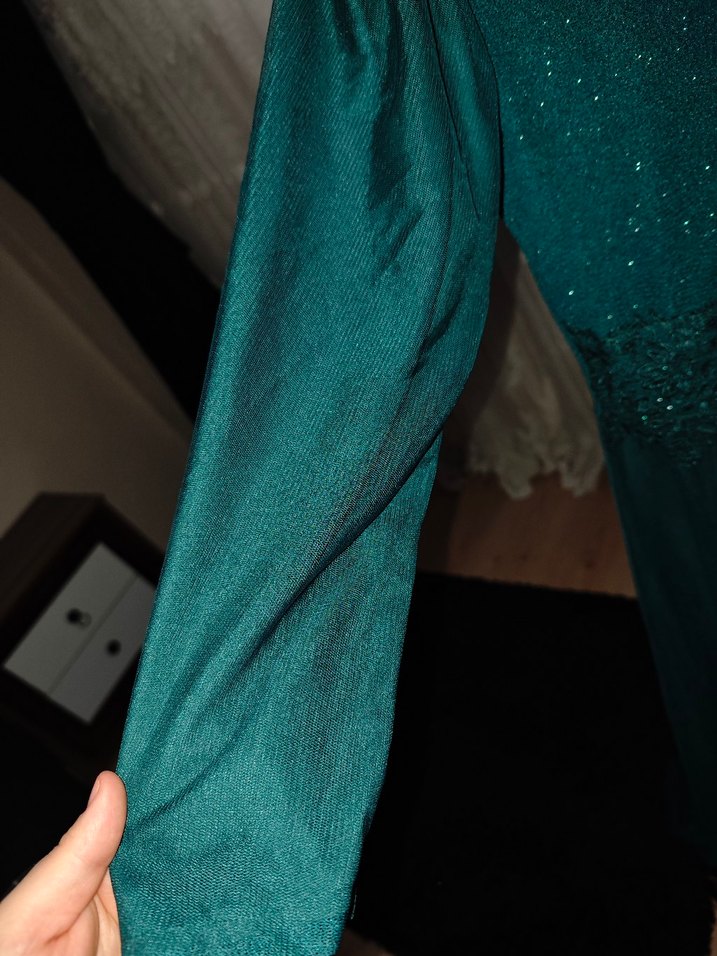 Turkuaz V Yaka Uzun Kollu Vintage Elbise - Görsel 3