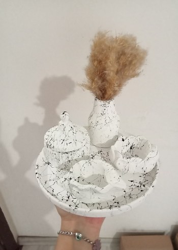 Bohem Siyah-Beyaz Mermer Desenli Seramik Set - Görsel 3