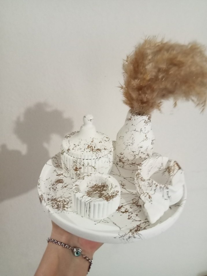 Bohem Siyah-Beyaz Mermer Desenli Seramik Set - Görsel 2