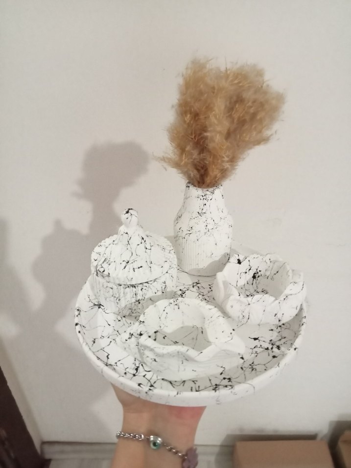 Bohem Siyah-Beyaz Mermer Desenli Seramik Set - Görsel 3