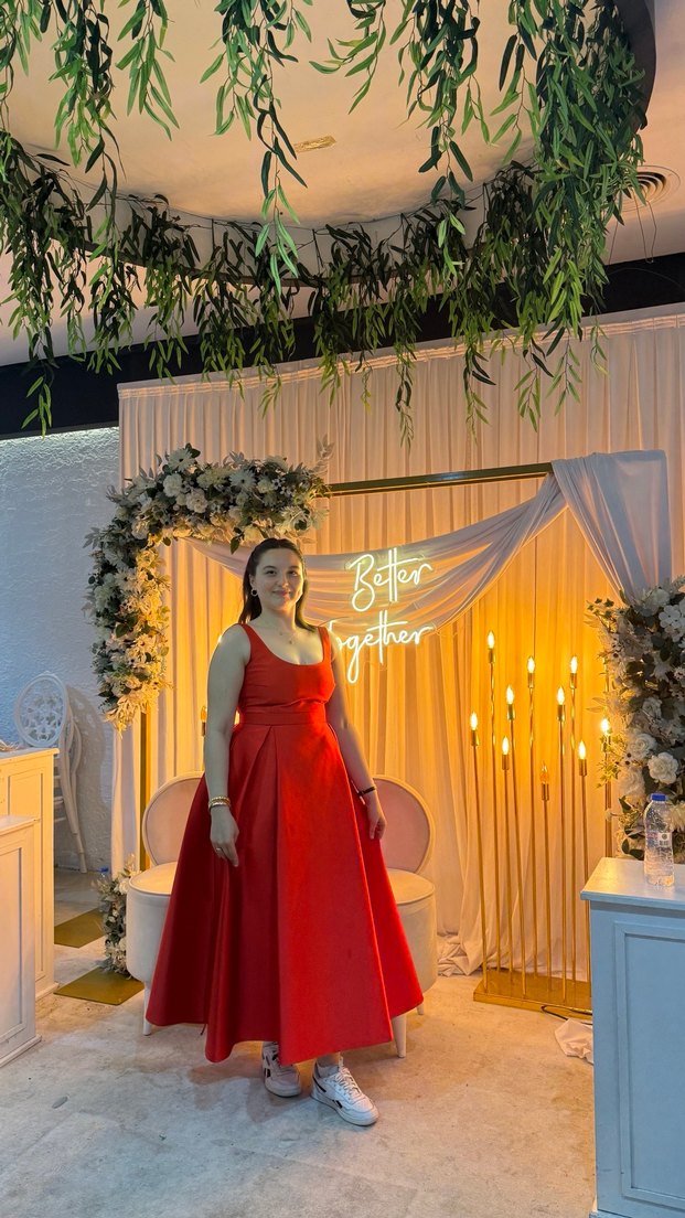 Kırmızı Drapeli Uzun Abiye Elbise - Görsel 3