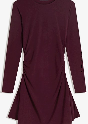 Bordo Uzun Kollu Yüksek Yakalı Mini Elbise - Görsel 3