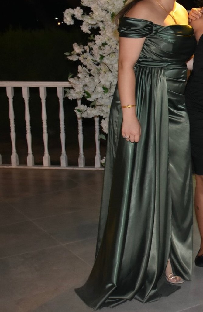 Kadın Parlak Haki Uzun Drapeli Abiye Elbise - Görsel 2