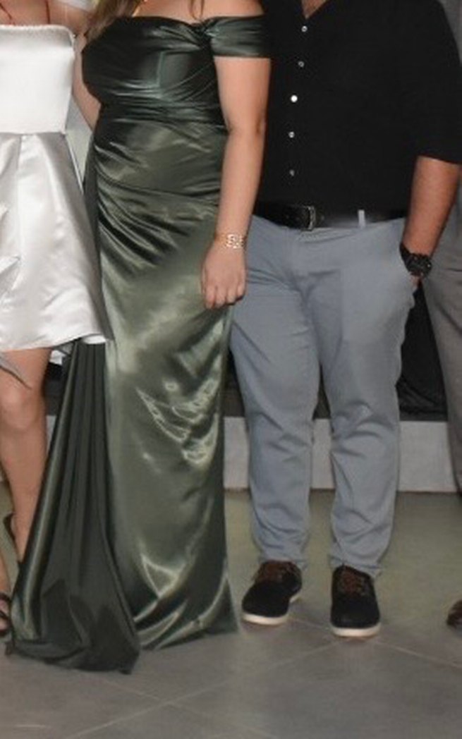 Kadın Parlak Haki Uzun Drapeli Abiye Elbise - Görsel 3