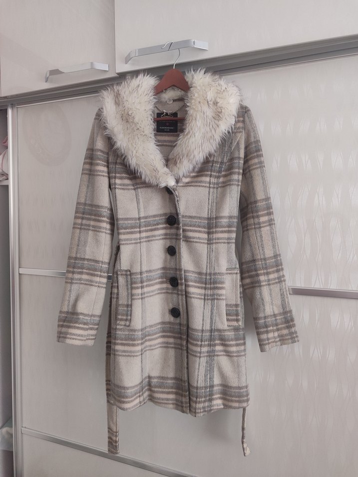 Kürk Detaylı Bej Kareli Midi Kadın Kaban - Görsel 2