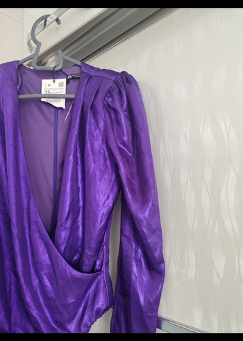 Parlak Mor Drapeli Uzun Kollu V Yaka Bluz - Görsel 3