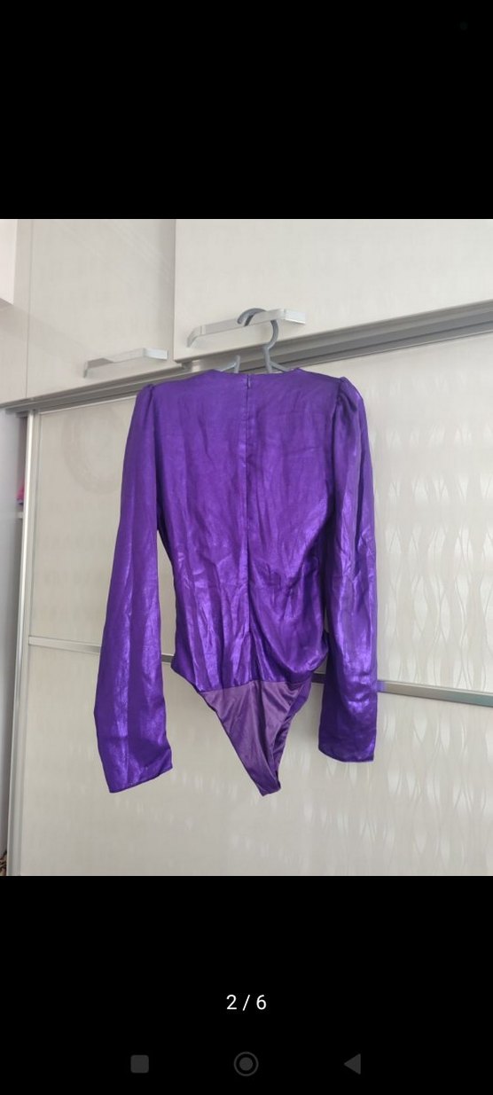 Parlak Mor Drapeli Uzun Kollu V Yaka Bluz - Görsel 2