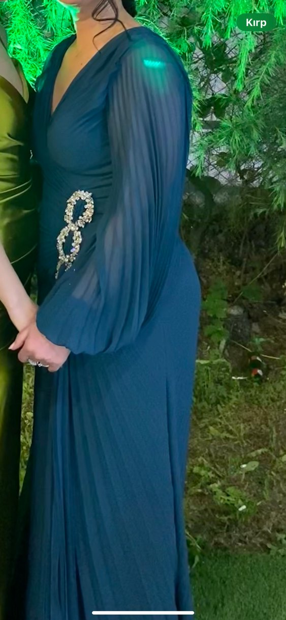 Uzun Kollu Lacivert Pilili Abiye Elbise - Görsel 4