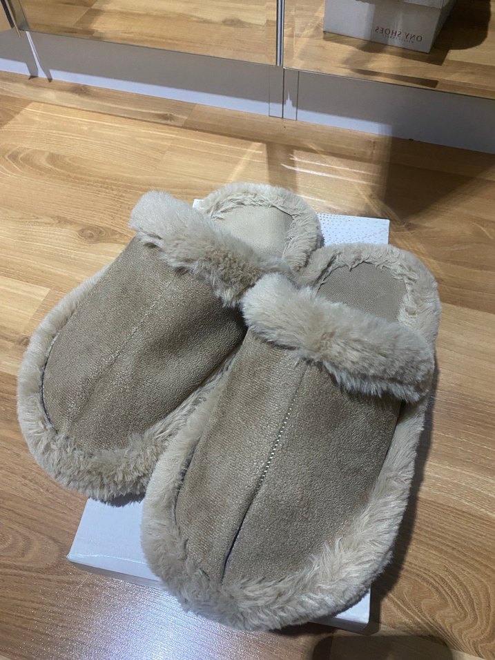 Bej Süet Kadın Ev Terliği, Kürklü - Görsel 3