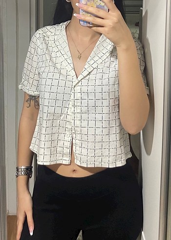 Gri Kareli Kısa Kollu Kadın Gömlek - Görsel 3