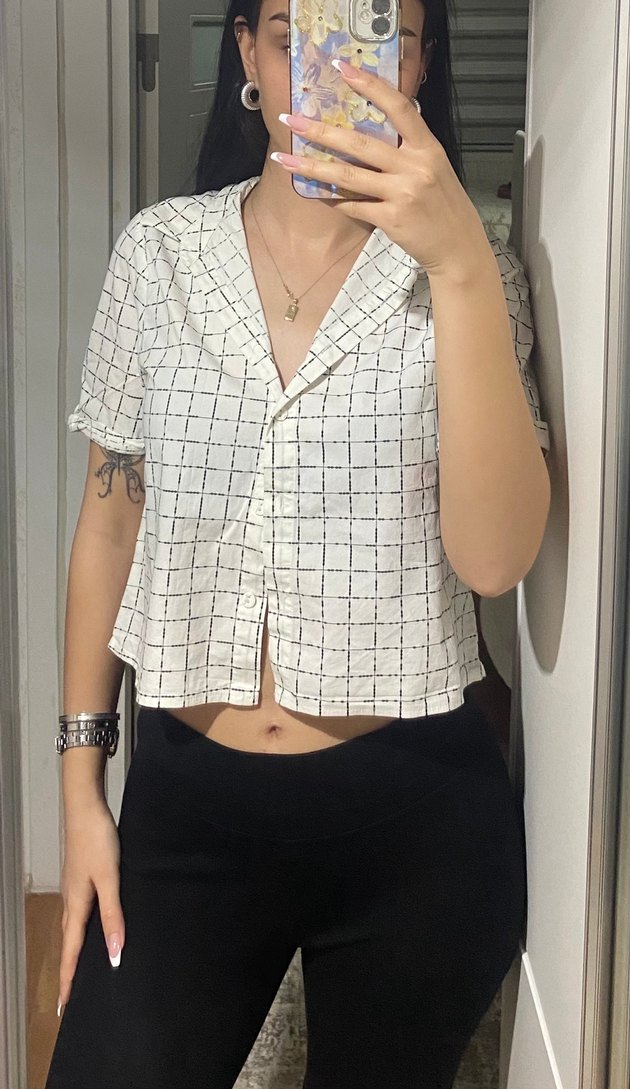 Gri Kareli Kısa Kollu Kadın Gömlek - Görsel 3