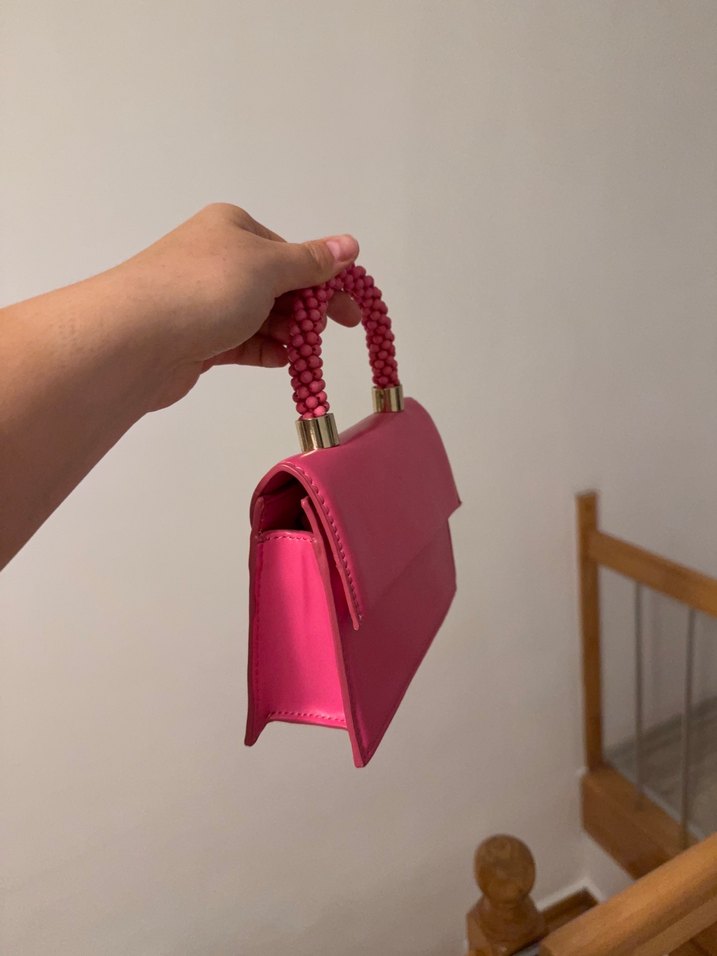 Pembe Deri Kadın Çanta - Tokalı, Yılan Desenli - Görsel 3