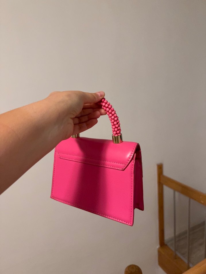 Pembe Deri Kadın Çanta - Tokalı, Yılan Desenli - Görsel 2