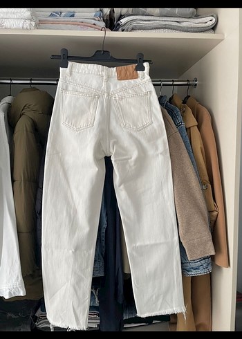 Beyaz Midi Boy Rahat Kesim Kadın Kot Pantolon - Görsel 5