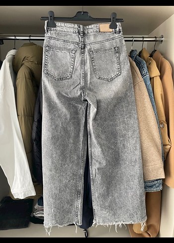 Gri Midi Boy Bol Kesim Kot Pantolon - Görsel 3