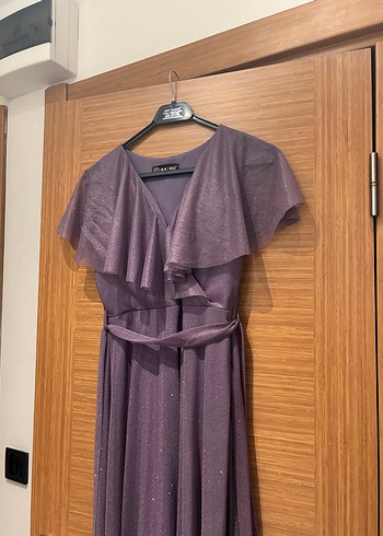 Mor V Yakalı Uzun Abiye Elbise - Görsel 2