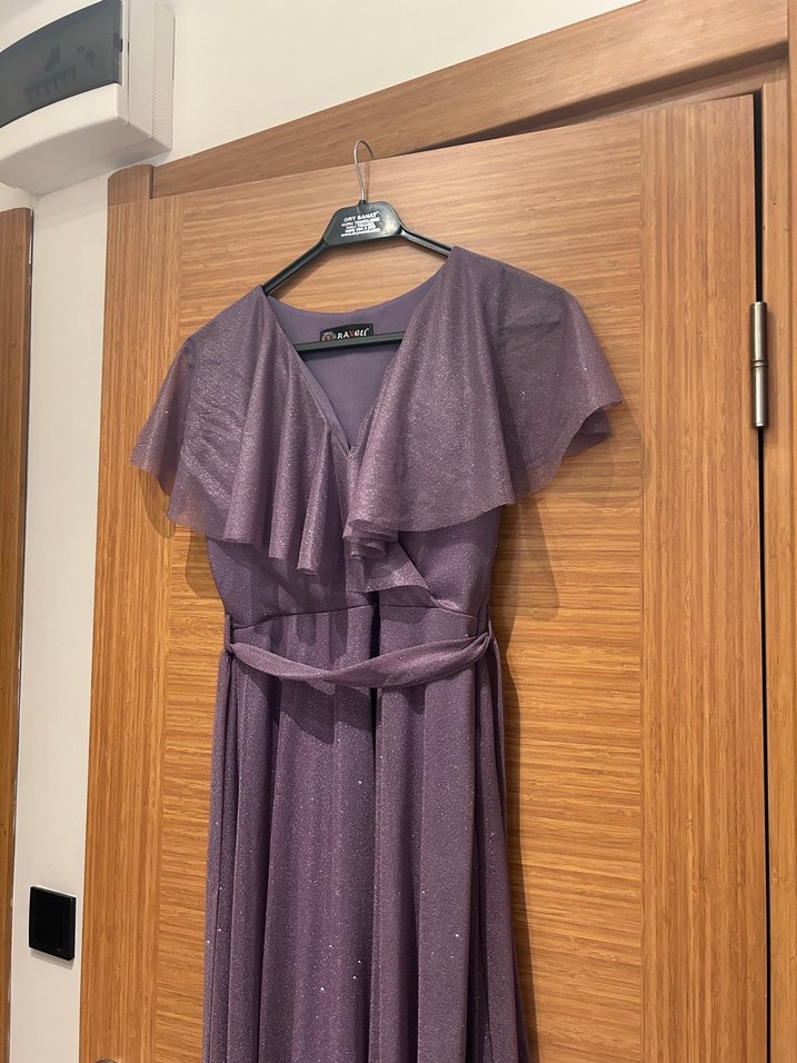 Mor V Yakalı Uzun Abiye Elbise - Görsel 2