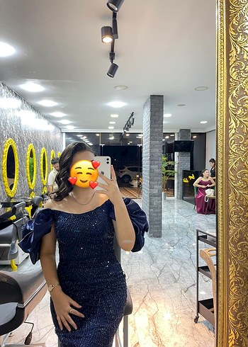 Uzun Lacivert Drapeli Kadın Abiye Elbise - Görsel 2