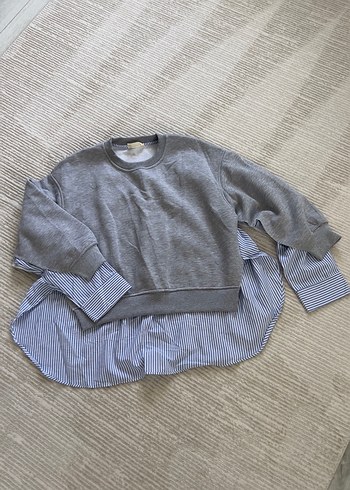Gri Kadın Uzun Kollu gömlek detay Rahat Kesim Sweatshirt