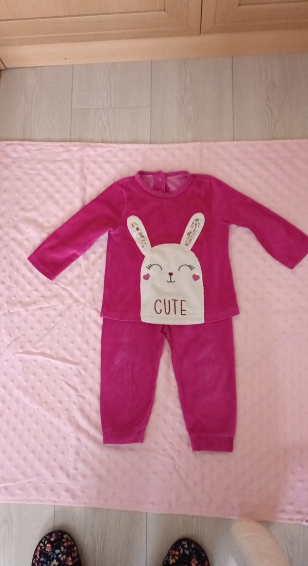 Uzun Kollu, Kürklü, Baskılı Pembe Bebek Kıyafeti - Görsel 2