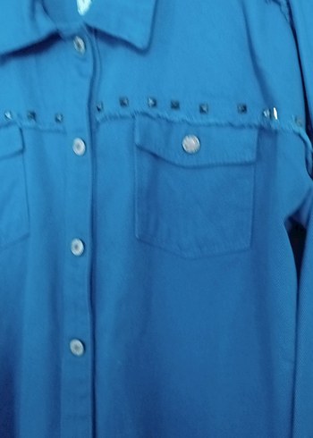 Düğmeli Mavi Denim Kadın Gömlek - Görsel 13