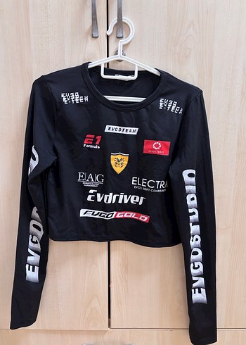 Siyah Uzun Kollu Baskılı Kadın Crop Top