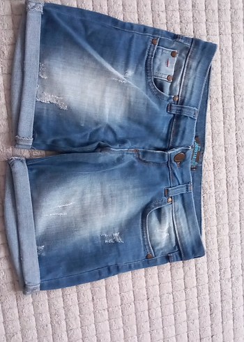 Kadın Parlak Mavi Mini Kot Şort - Görsel 2