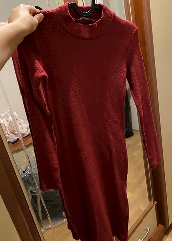 Bordo Yünlü Yarım Balıkçı Yaka Triko Elbise