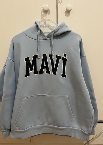 Açık Mavi Kapüşonlu Mavi Baskılı Sweatshirt