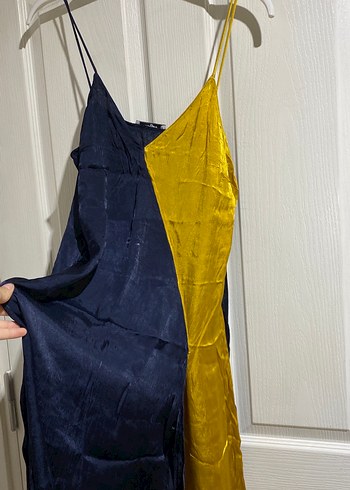 Sarı Siyah Askılı Uzun Drapeli Elbise - Görsel 6