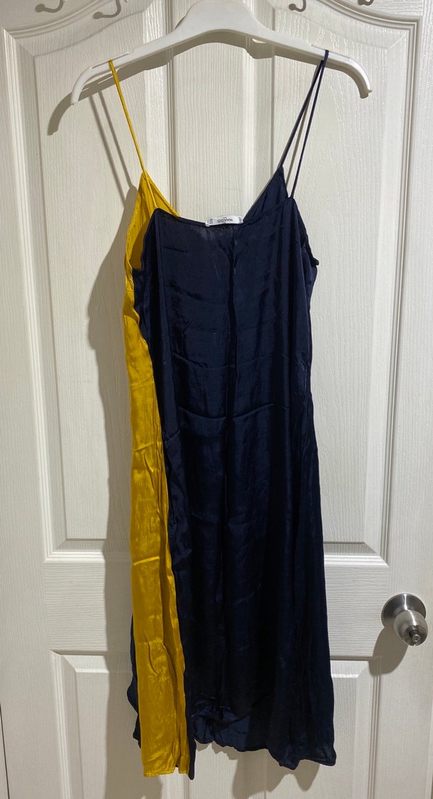 Sarı Siyah Askılı Uzun Drapeli Elbise - Görsel 4