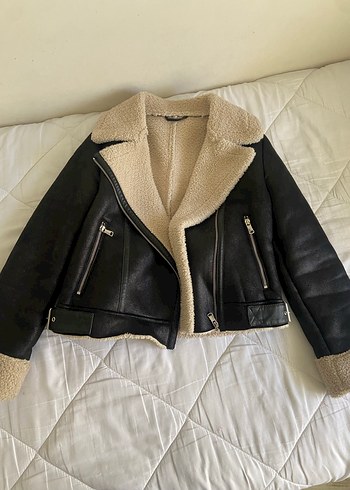 Kürk Detaylı Siyah Deri Kadın Biker Ceket