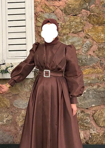 Acı kahve Kemerli Uzun Kollu Kadın Abiye Elbise - Görsel 2