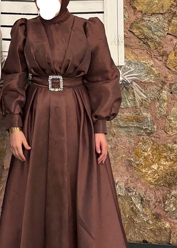 Acı kahve Kemerli Uzun Kollu Kadın Abiye Elbise - Görsel 3